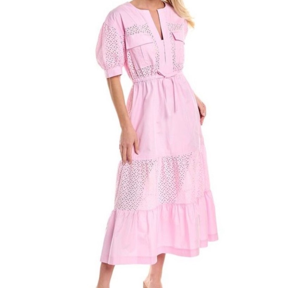10 Crosby Derek Lam Addison Puff Sleeve Pink Eyelet Midi Dress NWT